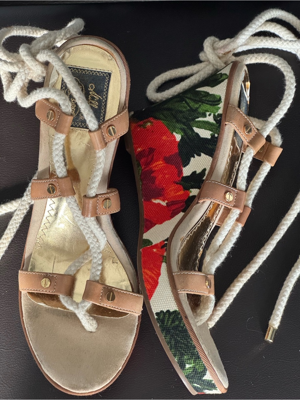 Milly  Floral Canvas Wedge Sandals with Tan Straps and White Rope Laces